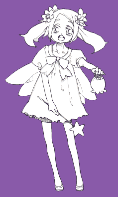 kan san, may (pokemon), nintendo, pokemon, lowres, 1girl, dress, female focus, flower, monochrome, purple theme, short hair, solo, wand, wings