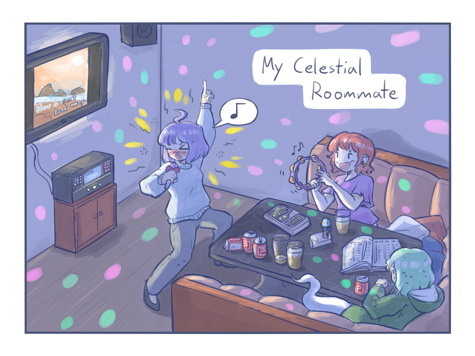 oysterfried, horikawa raiko, nagae iku, soga no tojiko, touhou, commentary, english commentary, highres, > <, 3girls, ahoge, alcohol, alternate costume, arm up, beer, blush, can, contemporary, couch, cup, drink can, drinking glass, drunk, english text, ghost tail, green hair, green hoodie, holding, holding instrument, holding microphone, hood, hoodie, instrument, karaoke, karaoke box, microphone, multiple girls, music, musical note, on couch, open mouth, pants, power item (touhou), purple hair, purple shirt, red hair, shirt, short sleeves, singing, sitting, smile, speaker, spoken musical note, sweat, sweater, table, tambourine, television