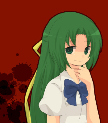 sonozaki shion, higurashi no naku koro ni, lowres, 00s, 1girl, blood, bow, female focus, green eyes, green hair, half updo, long hair, matching hair/eyes, red background, ribbon, school uniform, shirt, smile, solo, white shirt