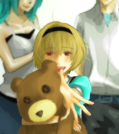 gesunohana, mu-ko, houjou satoko, houjou satoshi, sonozaki shion, higurashi no naku koro ni, bad id, bad pixiv id, lowres, 00s, 1boy, 2girls, blonde hair, blush, dress, green hair, long hair, multiple girls, red eyes, short hair, stuffed animal, stuffed toy, teddy bear