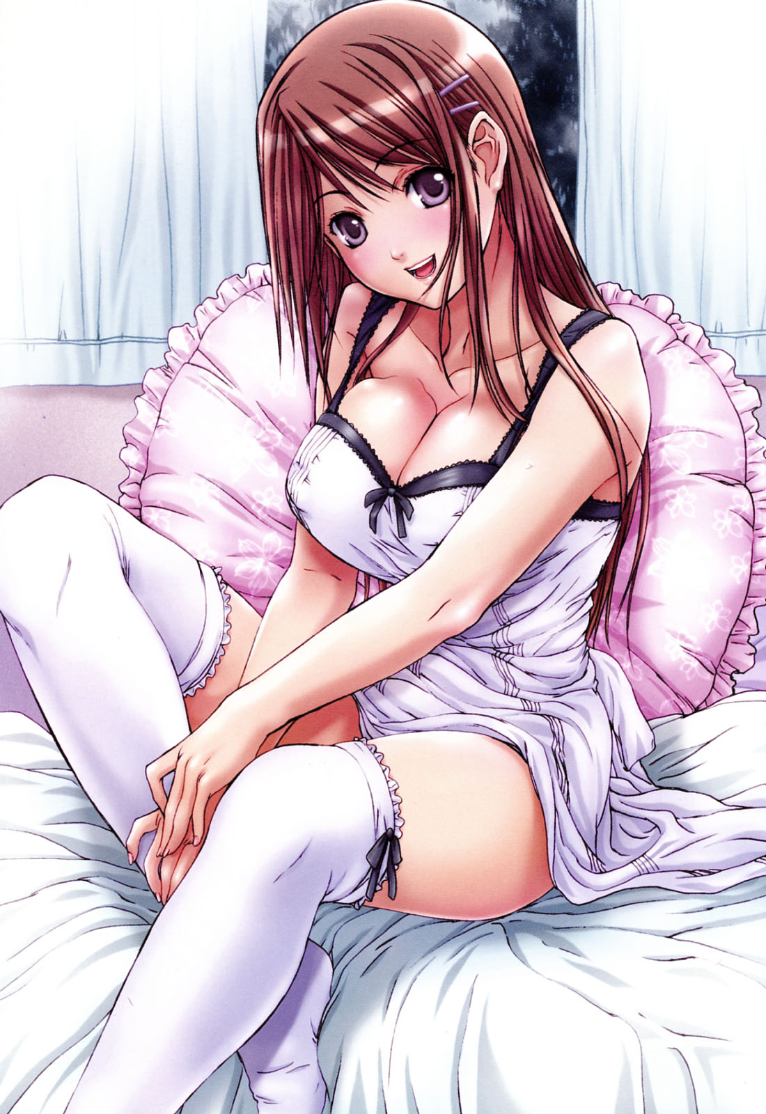 nanno koto, original, highres, 1girl, bed, blush, breasts, brown hair, cleavage, female focus, frilled pillow, frills, hair ornament, hairclip, huge breasts, large breasts, lingerie, long hair, negligee, pillow, purple eyes, sitting, smile, solo, thighhighs, underwear, white thighhighs