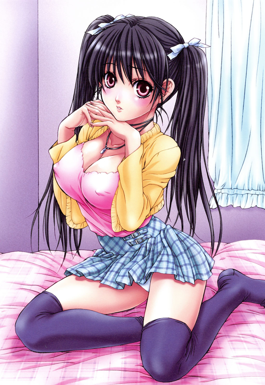 nanno koto, original, highres, 1girl, bed, black hair, blush, breasts, cardigan, cleavage, covered erect nipples, female focus, hair ribbon, jewelry, large breasts, long hair, miniskirt, necklace, panties, pantyshot, pink eyes, plaid clothes, plaid skirt, purple thighhighs, ribbon, sitting, skirt, solo, thighhighs, twintails, underwear, white panties