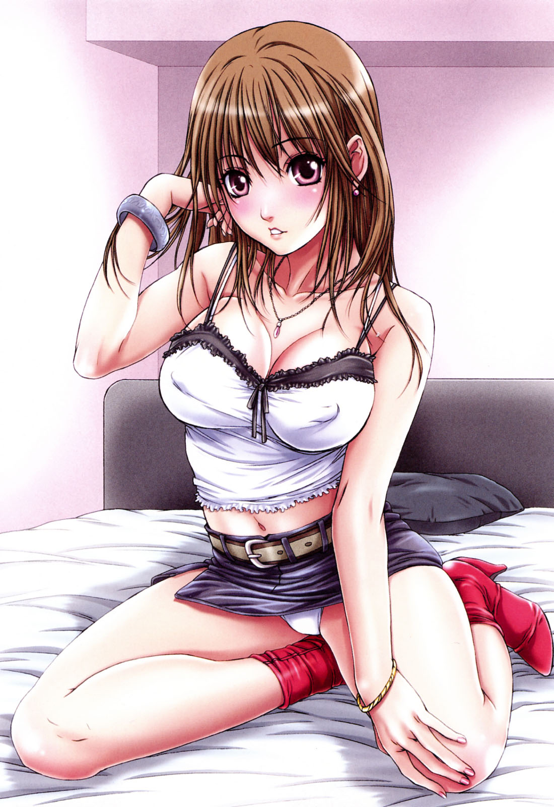 nanno koto, original, red footwear, highres, 1girl, ankle boots, belt, blush, boots, bracelet, breasts, brown hair, camisole, cleavage, denim, denim skirt, female focus, high heels, jewelry, kneeling, large breasts, long hair, midriff, miniskirt, necklace, panties, pantyshot, pencil skirt, pink eyes, shoes, skirt, solo, underwear, white panties