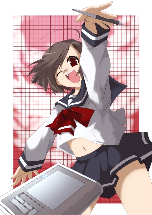 yamazaki kazu, bad id, bad pixiv id, brown eyes, brown hair, cellphone, glasses, happy, midriff, one eye closed, phone, school uniform, short hair, skirt, solo, wink