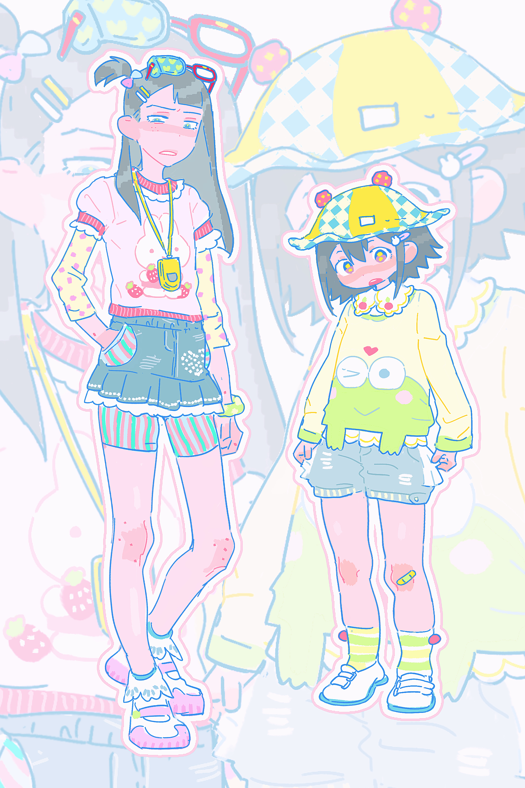 goblet 42, kanamori sayaka, eizouken ni wa te wo dasu na!, absurdres, highres, 2girls, asymmetrical bangs, bandaid, bandaid on knee, bandaid on leg, eyewear on head, freckles, hair ornament, hairclip, hand in pocket, hat, long hair, multiple girls, short hair, shorts
