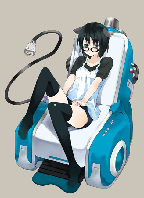 kuchibue, bad id, bad pixiv id, animal ears, black hair, cat ears, cat tail, glasses, short hair, sitting, solo, tail, thighhighs