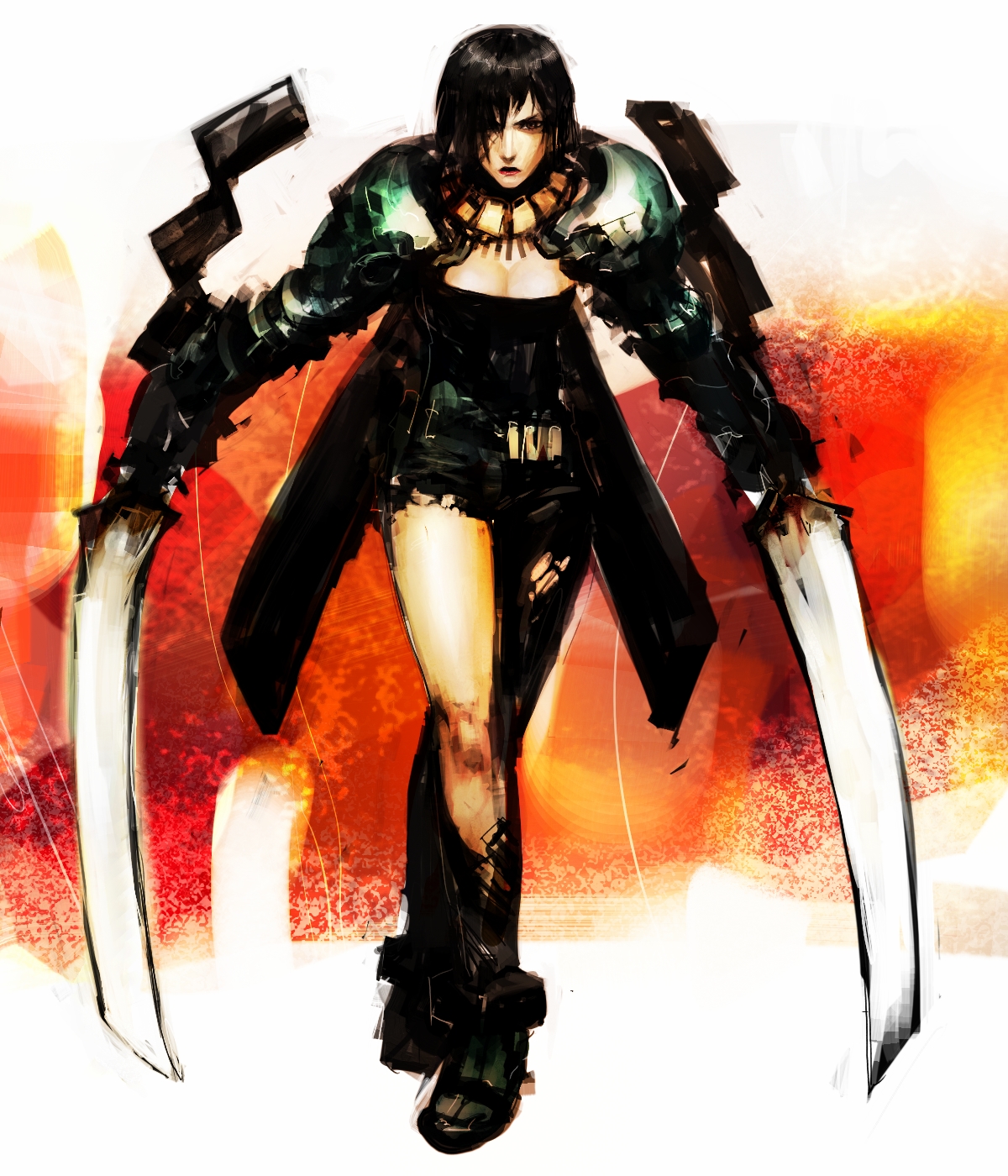 tarako (bradypus), tekkotsu (tekkotz), bad id, highres, 1girl, armor, black hair, dual wielding, female focus, holding, scar, short hair, solo, sword, weapon