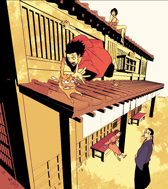 koutarou (artist), koutarou (farthest), fuu (samurai champloo), imano yatsuha, jinnosuke, mugen (samurai champloo), samurai champloo, 00s, 2boys, 2girls, anger vein, angry, cat, japanese clothes, kimono, multiple boys, multiple girls