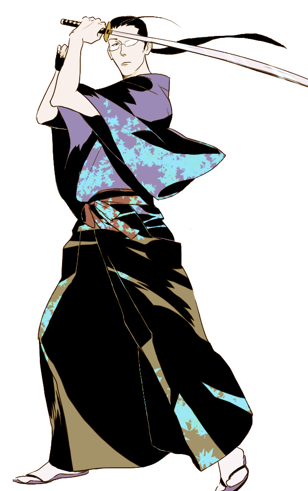 koutarou (artist), koutarou (farthest), jinnosuke, samurai champloo, 00s, 1boy, glasses, japanese clothes, katana, male focus, solo, sword, weapon