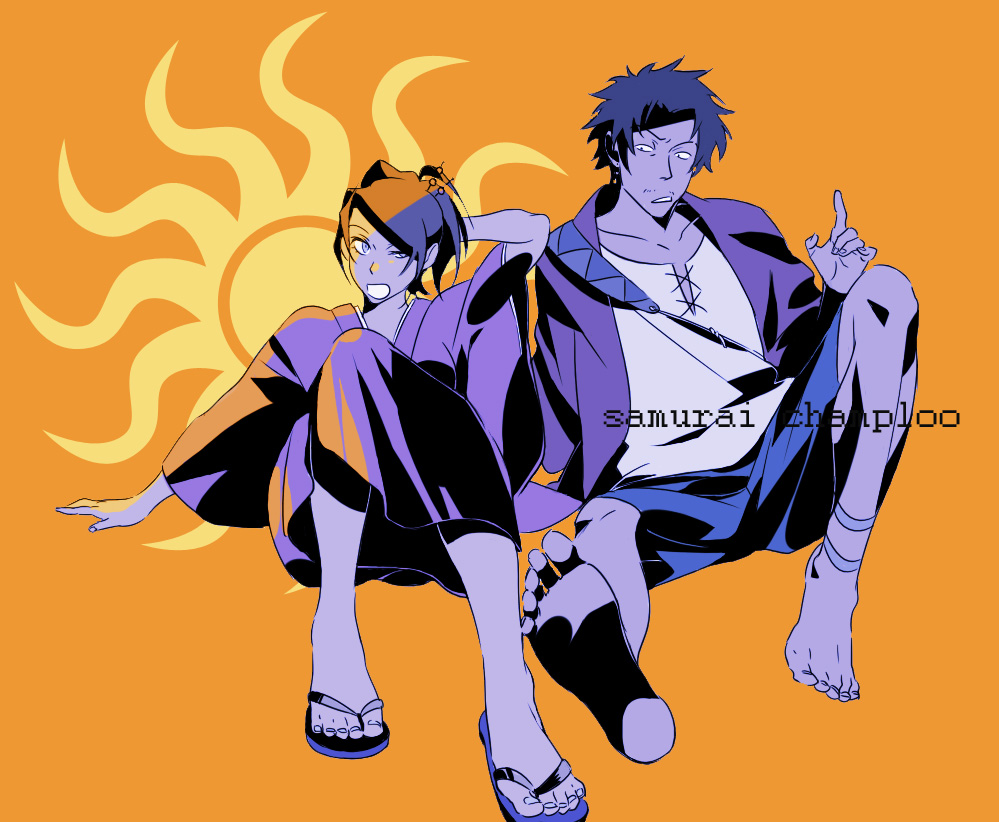 koutarou (artist), koutarou (farthest), fuu (samurai champloo), mugen (samurai champloo), samurai champloo, bad id, bad pixiv id, 00s, 1boy, 1girl, bad anatomy, bad feet, barefoot, feet, japanese clothes, kimono, poorly drawn, sandals