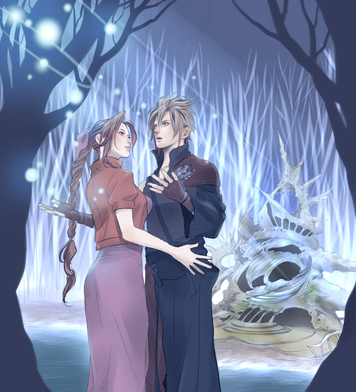 koutarou (artist), koutarou (farthest), aerith gainsborough, cloud strife, final fantasy, final fantasy vii, final fantasy vii advent children, square enix, bad id, bad pixiv id, 00s, 1990s (style), 1boy, 1girl, braid, brown hair, couple, cropped jacket, dress, forgotten city, hetero, jacket, long dress, long hair, pink dress, ponytail, retro artstyle, single braid, spiked hair