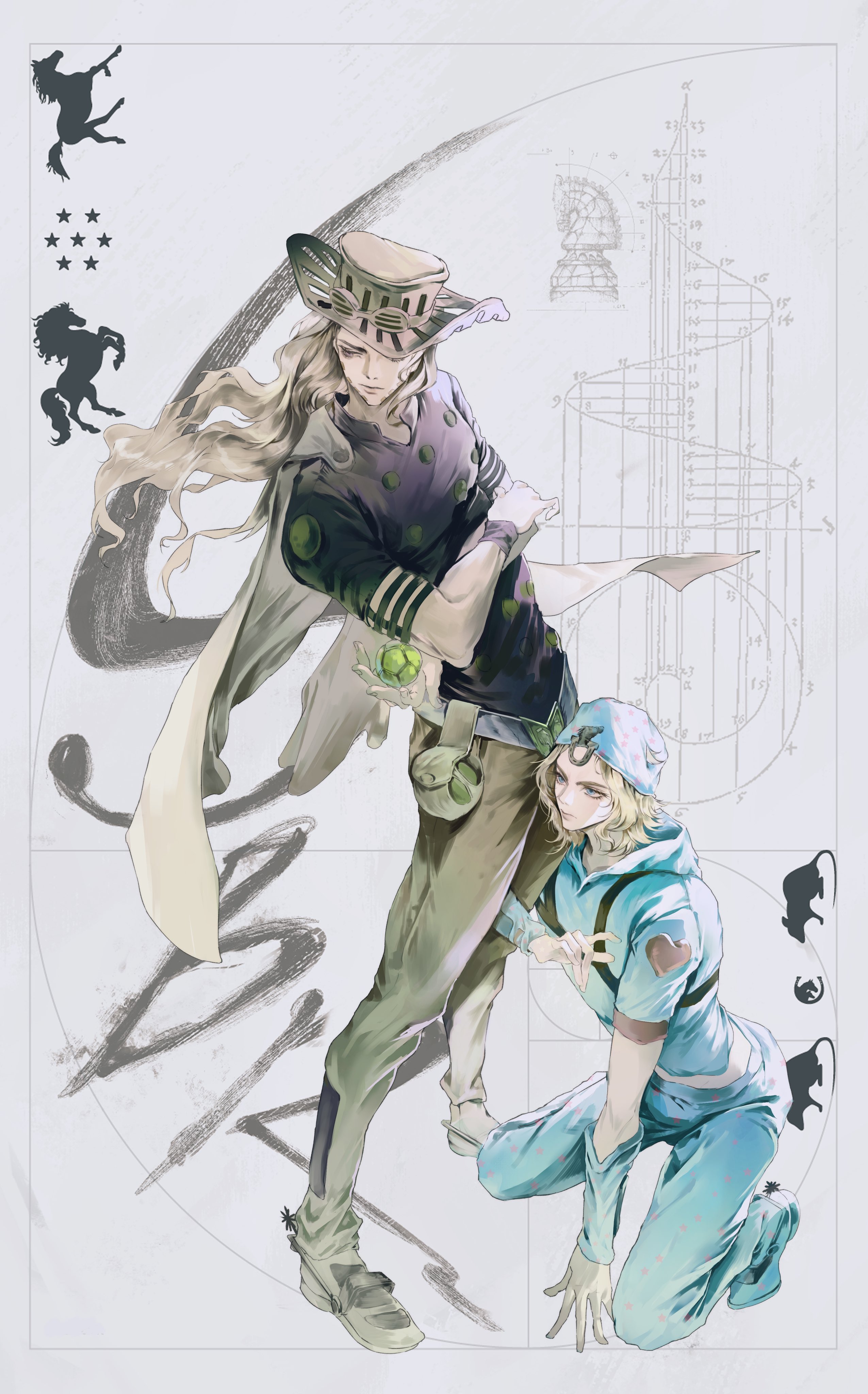 danny (sbr), gyro zeppeli, johnny joestar, jojo no kimyou na bouken, steel ball run, absurdres, commentary request, highres, korean commentary, 2boys, ball, beanie, belt, belt buckle, blonde hair, blue eyes, blue hat, blue hoodie, blue pants, brown hat, buckle, cape, chess piece, cowboy hat, ffeine, full body, goggles, goggles on headwear, golden spiral, grey belt, grey cape, grey pants, hat, heart ornament, holding, holding ball, hood, hood down, hoodie, horse, horseshoe, horseshoe hat ornament, horseshoe ornament, hugging another's leg, kneeling, knight (chess), long hair, male focus, medium hair, multiple boys, pants, purple shirt, shirt, short sleeves, silhouette, spurs, standing, star (symbol), star print, steel ball (jojo), wristband