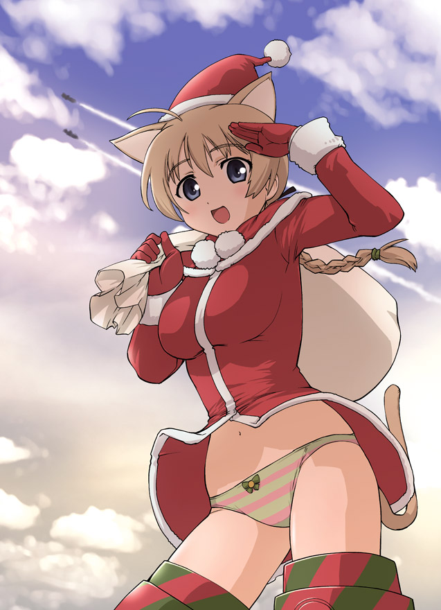 ueyama michirou, lynette bishop, strike witches, world witches series, 00s, 1girl, animal ears, blush, braid, breasts, brown hair, christmas, female focus, hat, long hair, medium breasts, mini hat, mini santa hat, panties, salute, santa costume, santa hat, single braid, solo, striker unit, striped clothes, striped panties, tail, underwear, wind, wind lift
