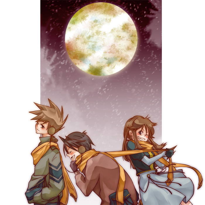 blue oak, green (pokemon), red (pokemon), nintendo, pokemon, pokemon adventures, 1girl, 2boys, black hair, blush, brown eyes, brown hair, closed eyes, coat, dress, earphones, full moon, gloves, green eyes, moon, multiple boys, shared earphones, winter