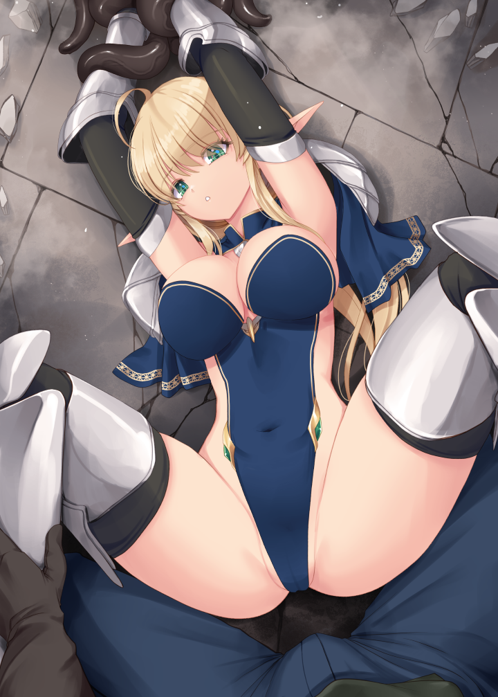 kirishima satoshi, original, commentary request, 1boy, 1girl, :o, ahoge, armor, armored boots, armored gloves, armored legwear, blonde hair, blue bow, blue collar, blue leotard, boots, bow, breasts, bulge, collar, covered navel, elf, erection, erection under clothes, gauntlets, gloves, green eyes, highleg, highleg leotard, jewelry, large breasts, leotard, leotard elf knightess (kirishima satoshi), long hair, long pointy ears, pauldrons, pointy ears, restrained, shoulder armor, sideless leotard, stone floor, super highleg, tentacles, thighhighs, very long hair