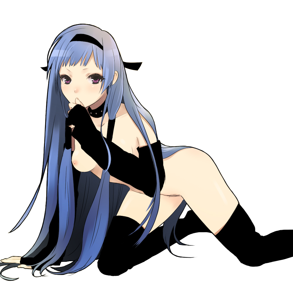 koutarou (artist), koutarou (farthest), nagi, kannagi, 00s, 1girl, black thighhighs, blue hair, blunt bangs, breasts, choker, elbow gloves, female focus, female pubic hair, gloves, hair tubes, long hair, medium breasts, nipples, nude, pubic hair, purple eyes, solo, thighhighs, very long hair
