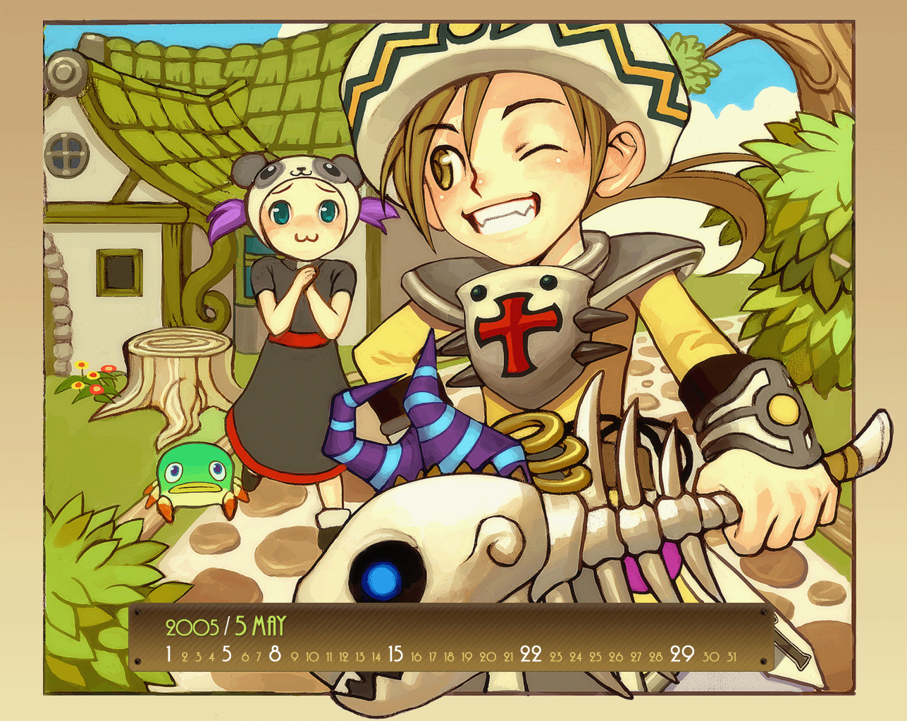 asgard, nexon, artist request, official art, official wallpaper, second-party source, :3, animal ears, belt, black dress, black shoes, black sleeves, blonde hair, blue sky, blush, bone weapon, border, branch, brown belt, building, clenched teeth, cleric (asgard), clerical collar, cloud, cross, dress, fake animal ears, fangs, green eyes, grin, hat, high collar, holding, holding own hand, holding weapon, house, latin cross, leaf, monster, no nose, outside border, panda ears, panda hat, ponytail, purple hair, red sash, rooftop, sash, shirt, shoes, short sleeves, short twintails, sky, smile, stone walkway, teeth, tree, tree stump, twintails, weapon, white hat, window, wrist guards, yellow border, yellow eyes, yellow pupils, yellow shirt, yellow sleeves