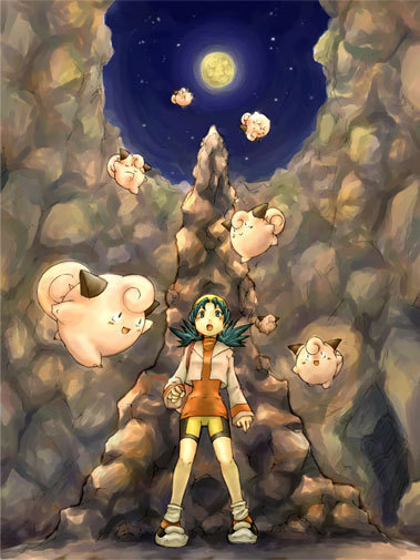keko (corona), clefairy, kris (pokemon), nintendo, pokemon, pokemon gsc, md5 mismatch, 1990s (style), 1girl, bike shorts, blue eyes, blue hair, cave, full moon, gen 1 pokemon, hat, moon, pokemon (creature), retro artstyle, twintails