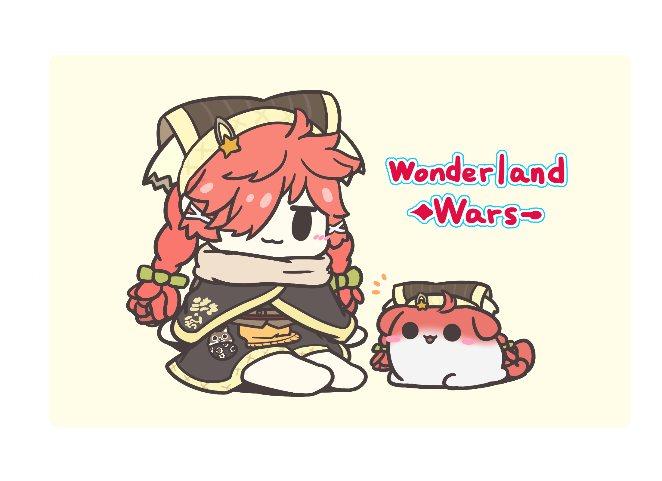 assist (2828), mikusa, sukusuku hakutaku, wonderland wars, commission, highres, pixiv commission, 1girl, :3, animalization, blush, braid, chibi, chibi only, copyright name, hair over one eye, long hair, looking at viewer, person and animalization, red hair, sitting, solo, twin braids
