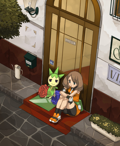 sasairebun, may (pokemon), may (pokemon emerald), roselia (pokemon), nintendo, pokemon, pokemon rse, lowres, 00s, 1girl, alternate costume, bike shorts, blue eyes, brown hair, door, gen 3 pokemon, gloves, no headwear, pokemon (creature), sitting