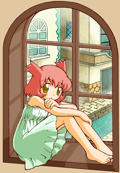 akitsu aosa, bianca (pokemon heroes), latias, nintendo, pokemon, pokemon (anime), pokemon (classic anime), pokemon heroes: latios & latias, 00s, 1girl, blush, brown eyes, dress, female focus, gen 3 pokemon, hugging own legs, legendary pokemon, personification, pink hair, short hair, sitting, solo, two side up, window