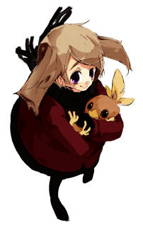 kan san, may (pokemon), torchic, nintendo, pokemon, lowres, 1girl, alternate costume, brown eyes, brown hair, dress, gen 3 pokemon, pokemon (creature), short hair