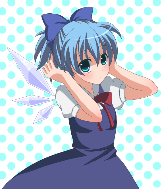 ui (yk), cirno, embodiment of scarlet devil, touhou, bad id, bad pixiv id, 1girl, alternate hairstyle, blue hair, female focus, polka dot, polka dot background, ponytail, solo, wings