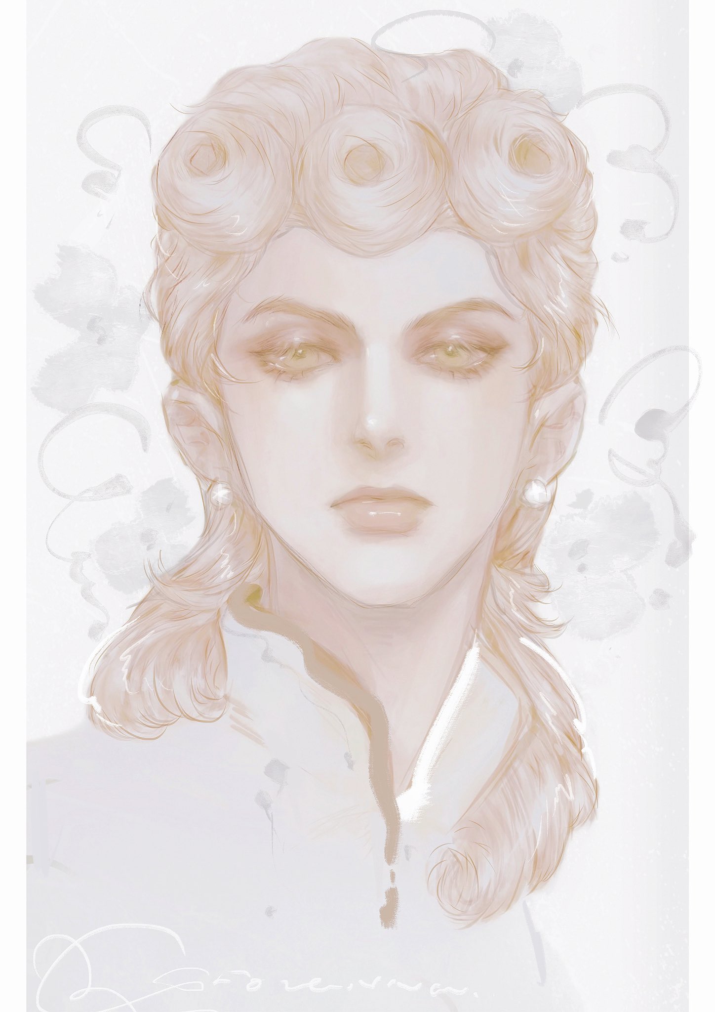 giorno giovanna, jojo no kimyou na bouken, vento aureo, hashtag-only commentary, highres, 1boy, a io u, alternate hairstyle, blonde hair, braid, closed mouth, curly hair, earrings, green eyes, jewelry, lips, long hair, male focus, pearl earrings, portrait, signature, solo, white theme