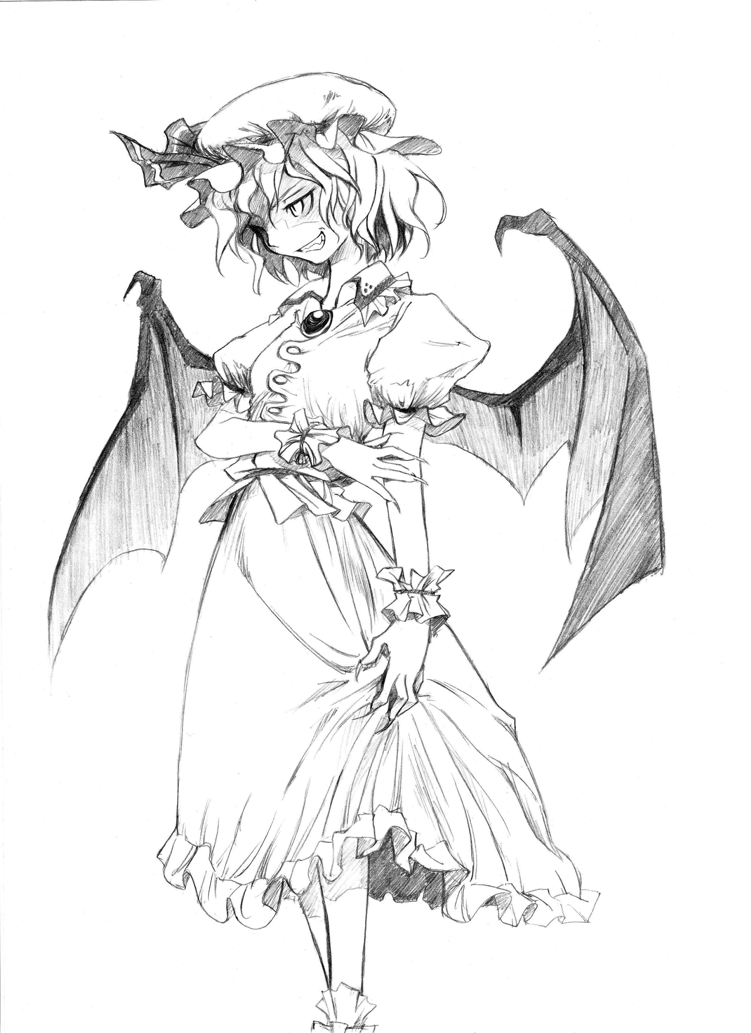 nou kitsune, remilia scarlet, touhou, absurdres, highres, 1girl, claws, female focus, greyscale, hat, monochrome, sketch, solo, white background