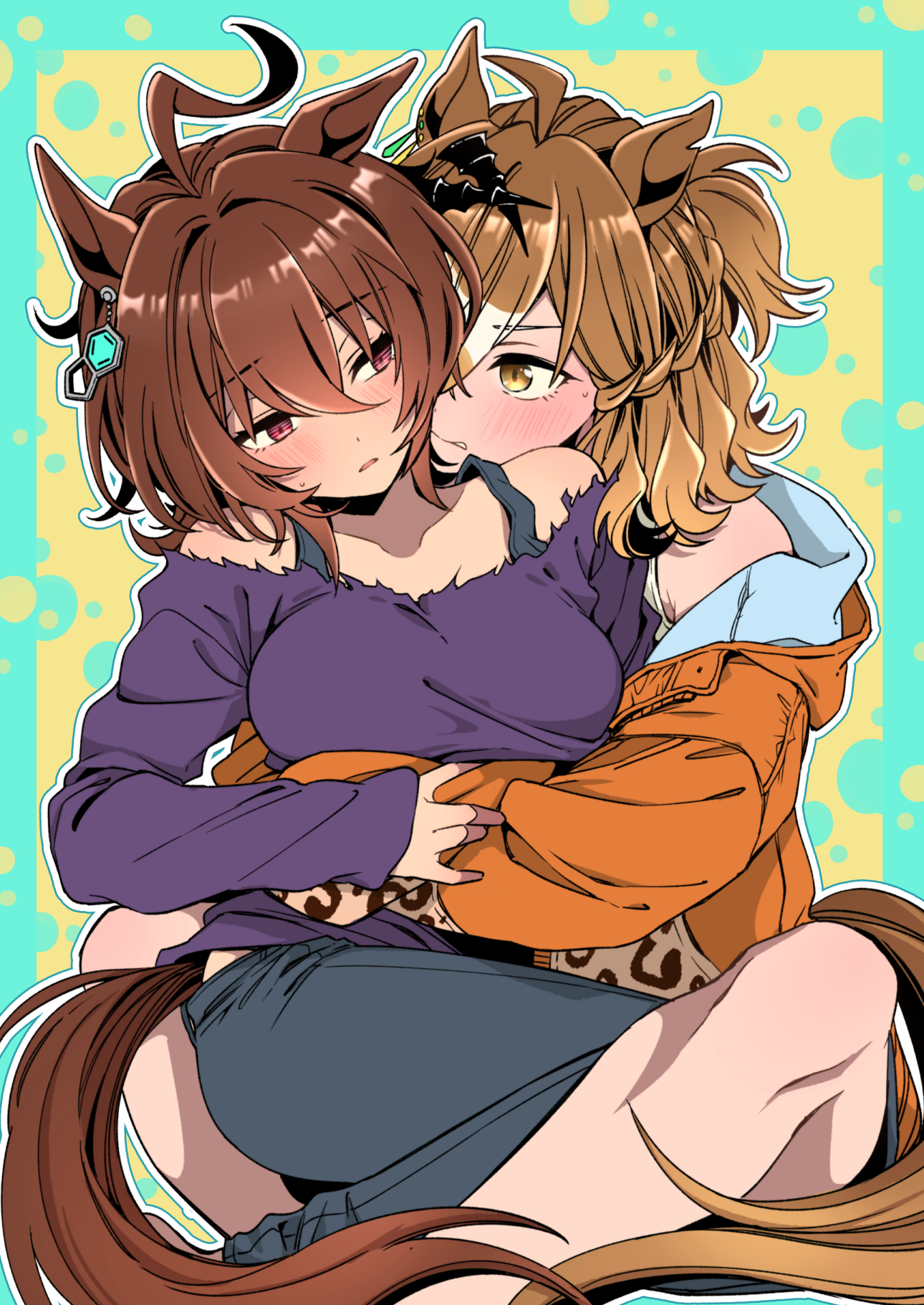 my sweet megane, agnes tachyon (umamusume), jungle pocket (umamusume), umamusume, commentary request, highres, 2girls, ahoge, animal ears, black pants, blush, braid, breasts, brown hair, collarbone, hair between eyes, hair ornament, hairclip, horse ears, horse tail, hug, jacket, long sleeves, looking at another, medium breasts, multiple girls, orange jacket, pants, red eyes, short hair, sitting, tail, yellow eyes, yuri