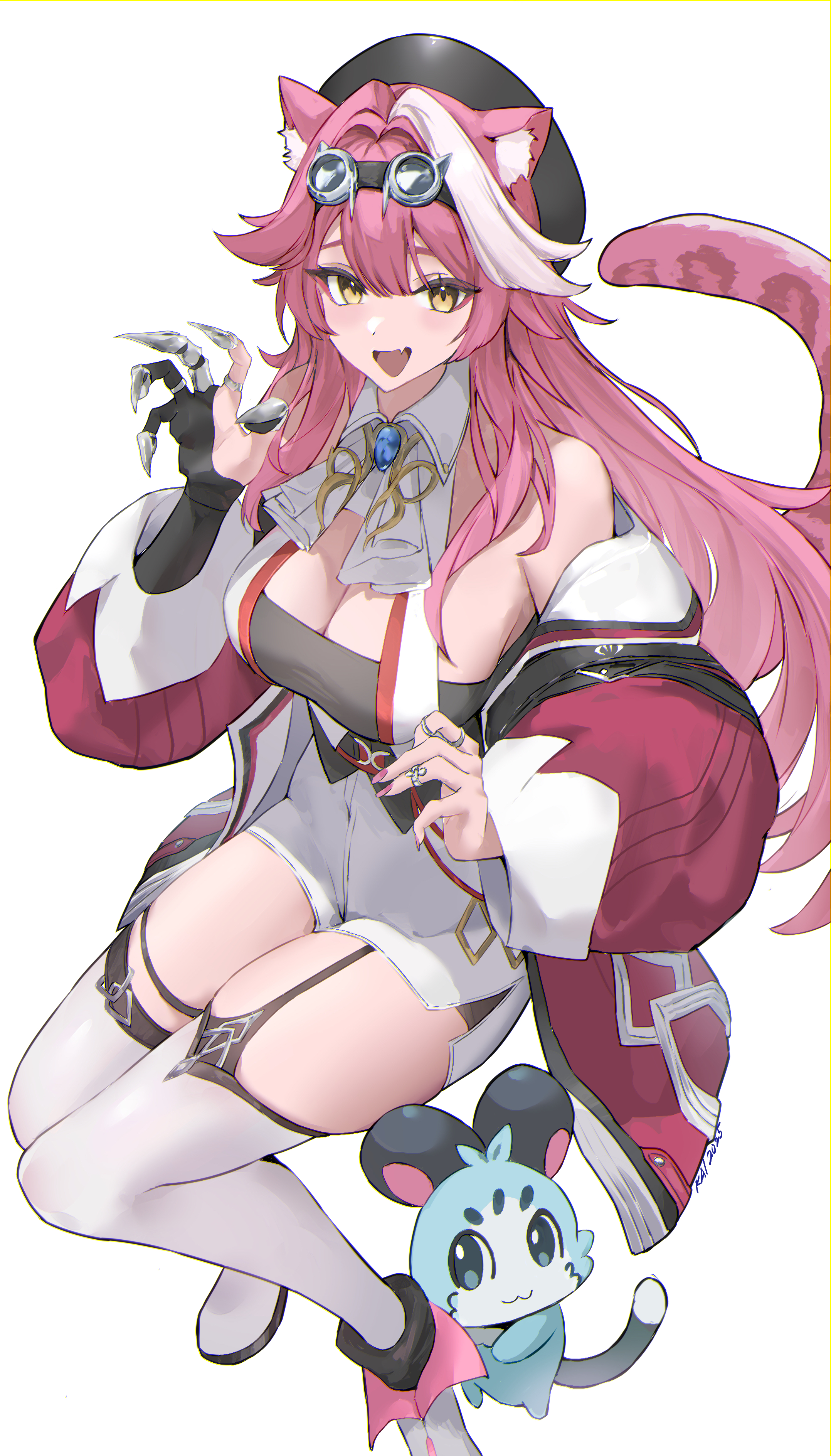 chattino (raora panthera), raora panthera, hololive, hololive english, 1girl, :3, animal, animal ears, bare shoulders, blush, breasts, clawed gauntlets, fang, goggles, goggles on head, hat, jacket, kai (kkai811), large breasts, long hair, open mouth, pink hair, skirt, smile, tail, thighhighs, virtual youtuber, white background, yellow eyes