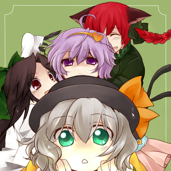 tami (nekoneto), kaenbyou rin, komeiji koishi, komeiji satori, reiuji utsuho, touhou, silver hair, colorized, 2girls, :d, :o, ^^^, ^ ^, animal ears, blush, braid, cat ears, cat girl, closed eyes, expressionless, female focus, half-closed eyes, multiple girls, open mouth, parted lips, pink eyes, pink hair, red eyes, smile, tareme, twintails, upper body