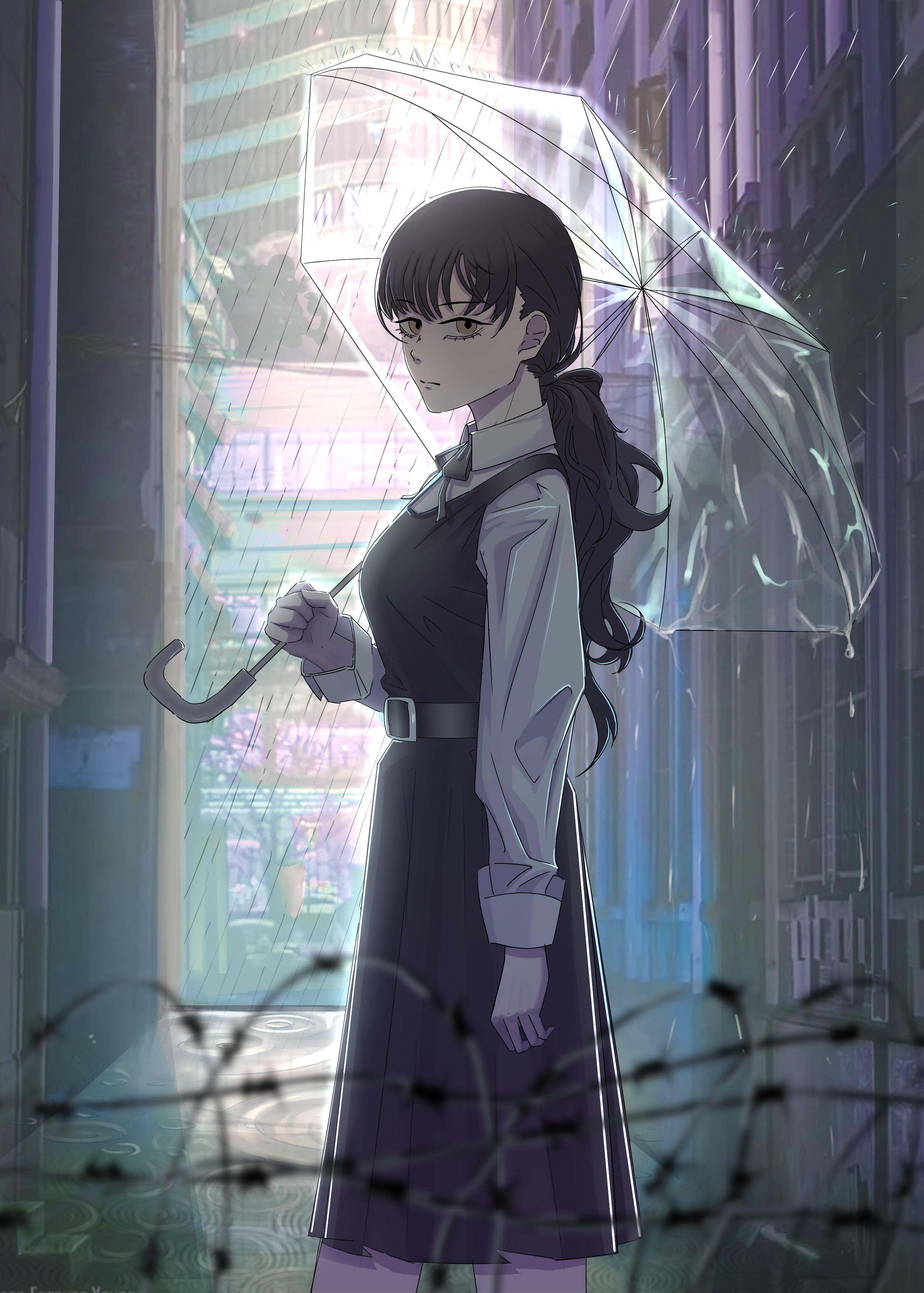 mitaka asa, chainsaw man, absurdres, commentary request, highres, 1girl, alley, barbed wire, belt, black dress, black ribbon, blurry, blurry foreground, depth of field, dress, dress shirt, expressionless, holding, holding umbrella, long hair, long sleeves, looking at viewer, neck ribbon, outdoors, pinafore dress, pleated dress, ponytail, rain, ribbon, school uniform, shirt, sleeveless, sleeveless dress, solo, transparent, transparent umbrella, umbrella, white shirt, yida wh