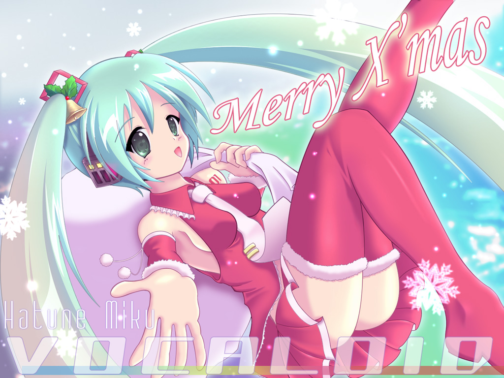 riku (divine destiny), hatsune miku, vocaloid, 1girl, aqua hair, bag, bell, breasts, christmas, detached sleeves, female focus, green eyes, long hair, necktie, sack, santa costume, sideboob, skirt, small breasts, snow, snowflakes, solo, thighhighs, twintails, very long hair