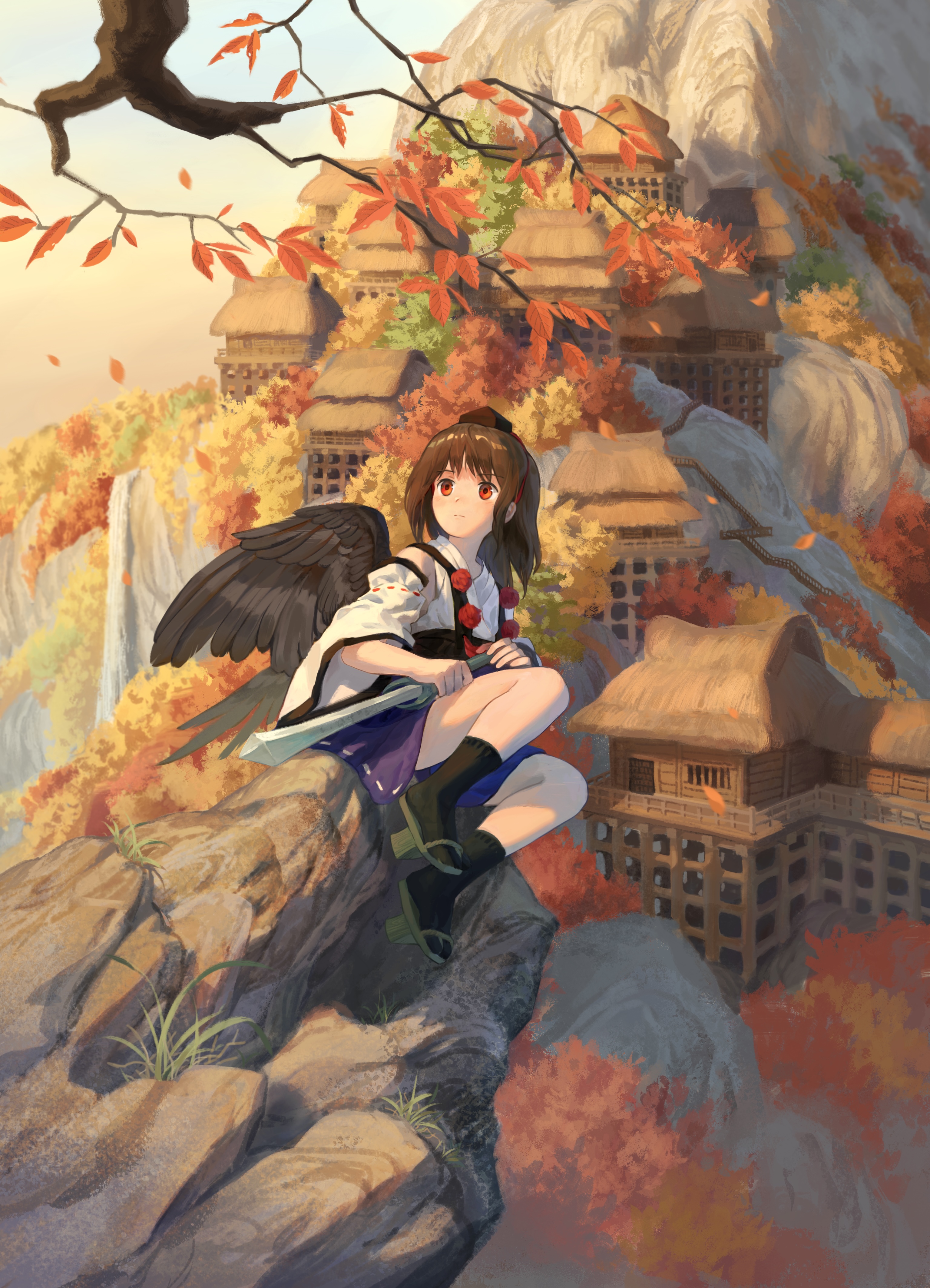 satellitedragon, shameimaru aya, touhou, absurdres, chinese commentary, commentary request, highres, mixed-language commentary, 1girl, autumn leaves, bird wings, black socks, black wings, brown hair, brown sandals, closed mouth, detached sleeves, falling leaves, geta, hat, holding, holding sword, holding weapon, house, japanese clothes, kimono, leaf, official alternate costume, pom pom (clothes), purple skirt, red eyes, red hat, ribbon-trimmed sleeves, ribbon trim, sandals, skirt, socks, solo, sword, tengu-geta, tokin hat, weapon, white kimono, wings