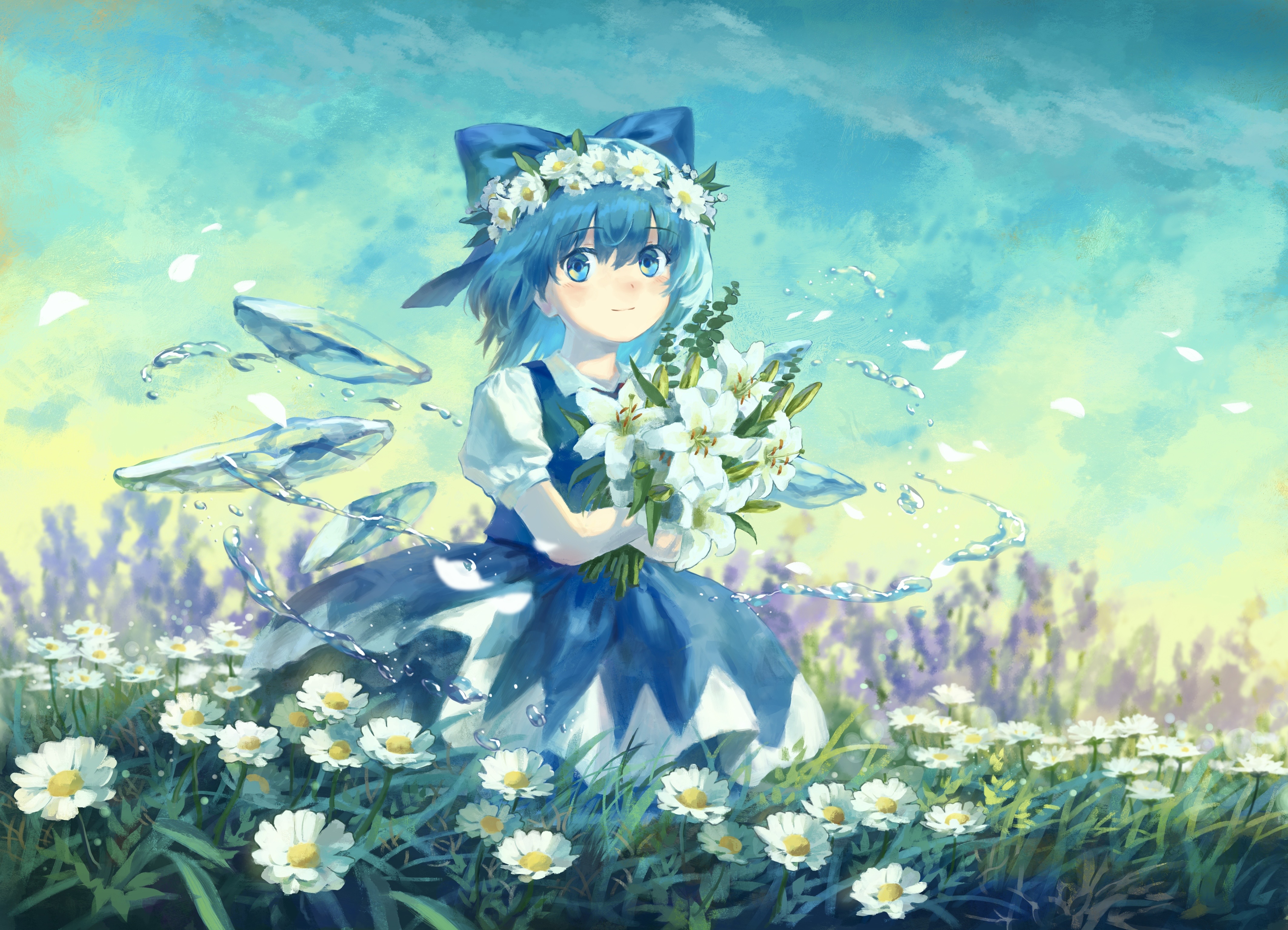 satellitedragon, cirno, touhou, absurdres, chinese commentary, commentary request, flower request, highres, mixed-language commentary, 1girl, blue bow, blue dress, blue eyes, blue hair, blush, bow, closed mouth, collared shirt, detached wings, dress, flower, flower wreath, hair bow, head wreath, holding, holding flower, ice, ice wings, looking at viewer, outdoors, pinafore dress, puffy short sleeves, puffy sleeves, purple flower, shirt, short sleeves, sleeveless, sleeveless dress, smile, solo, water, white flower, white shirt, wings