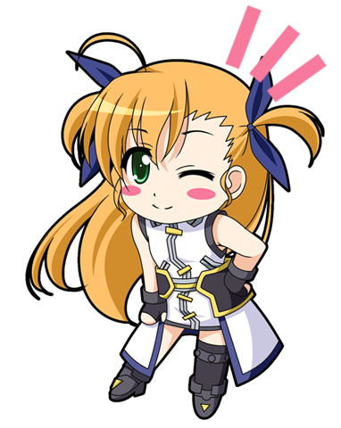 narutaki shin, vivio, lyrical nanoha, mahou shoujo lyrical nanoha, mahou shoujo lyrical nanoha strikers, lowres, 00s, chibi, one eye closed, solo, wink