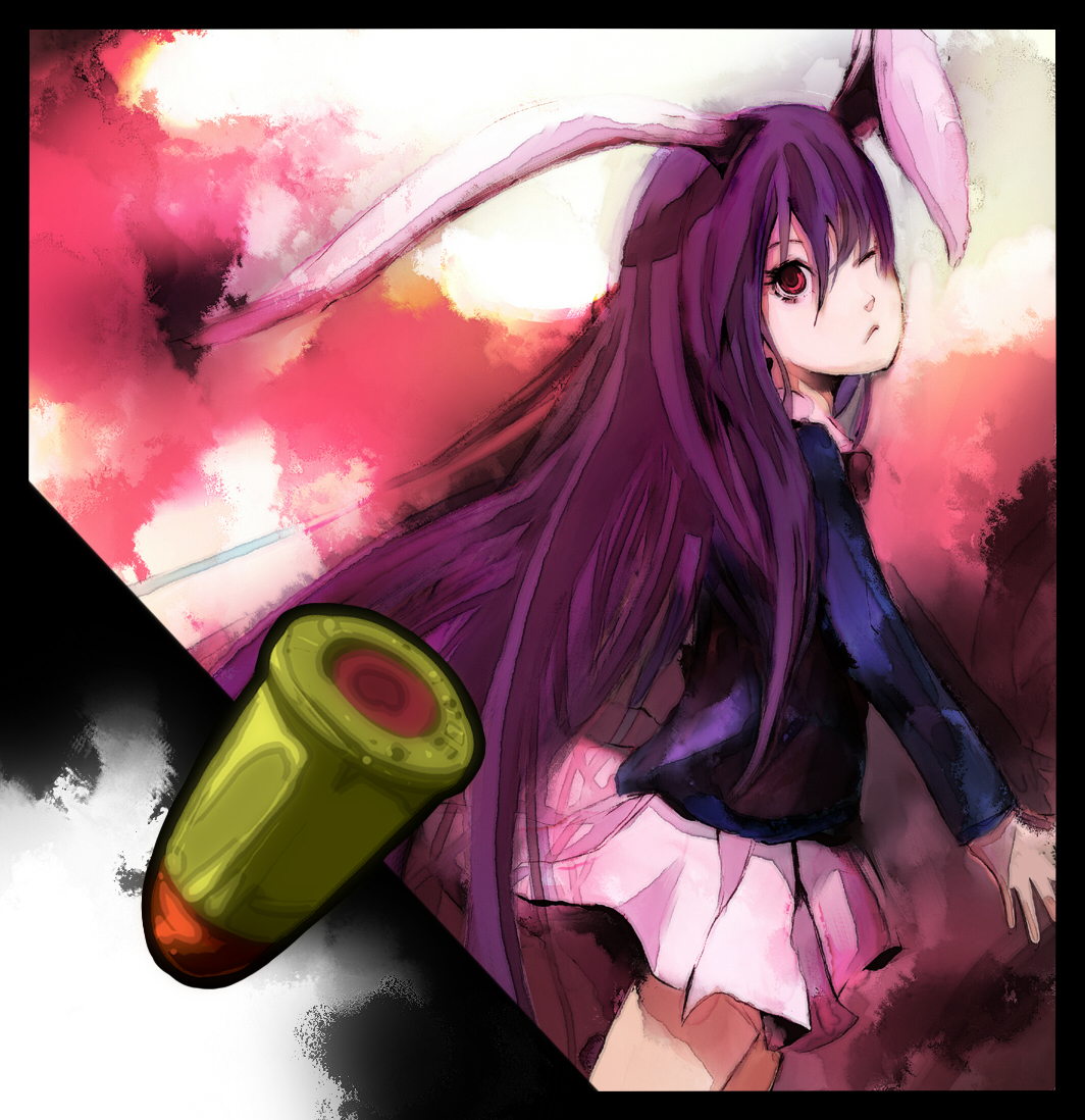 dain, reisen udongein inaba, touhou, bad id, bad pixiv id, 1girl, animal ears, bullet, female focus, rabbit ears, solo, standing, wink