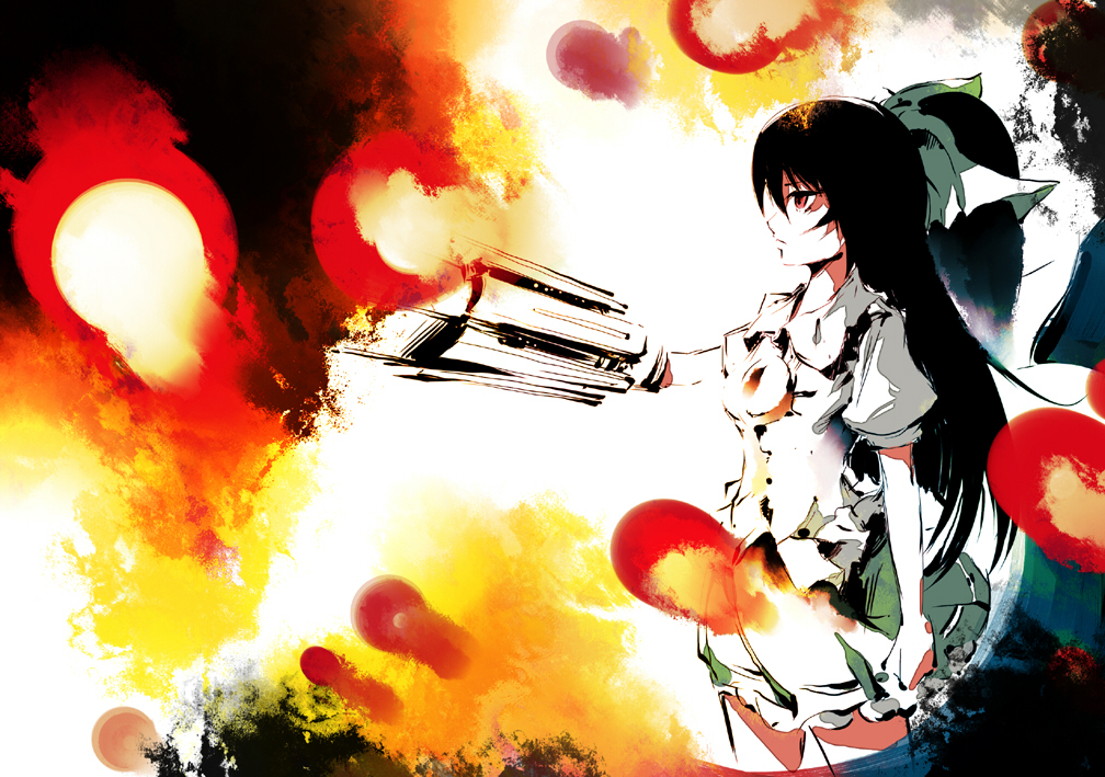 dain, reiuji utsuho, touhou, bad id, bad pixiv id, 1girl, arm cannon, black hair, cowboy shot, female focus, fire, firing, from side, green skirt, long hair, ponytail, profile, puffy short sleeves, puffy sleeves, red eyes, shaded face, short sleeves, skirt, solo, very long hair, weapon