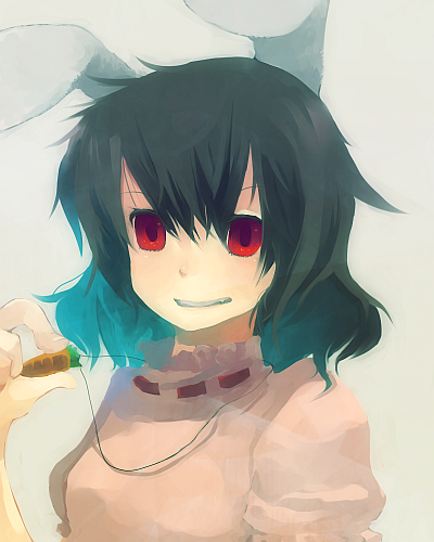 shinta (artist), shinta (nikka10), inaba tewi, phantasmagoria of flower view, touhou, bad id, bad pixiv id, lowres, 1girl, animal ears, black hair, carrot, carrot necklace, female focus, jewelry, necklace, rabbit ears, red eyes, simple background, solo