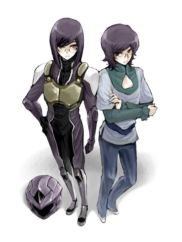 sizyr, regene regetta, tieria erde, gundam, gundam 00, 00s, 2boys, androgynous, full body, helmet, male focus, multiple boys, simple background, standing, trap, unworn headwear, unworn helmet, white background