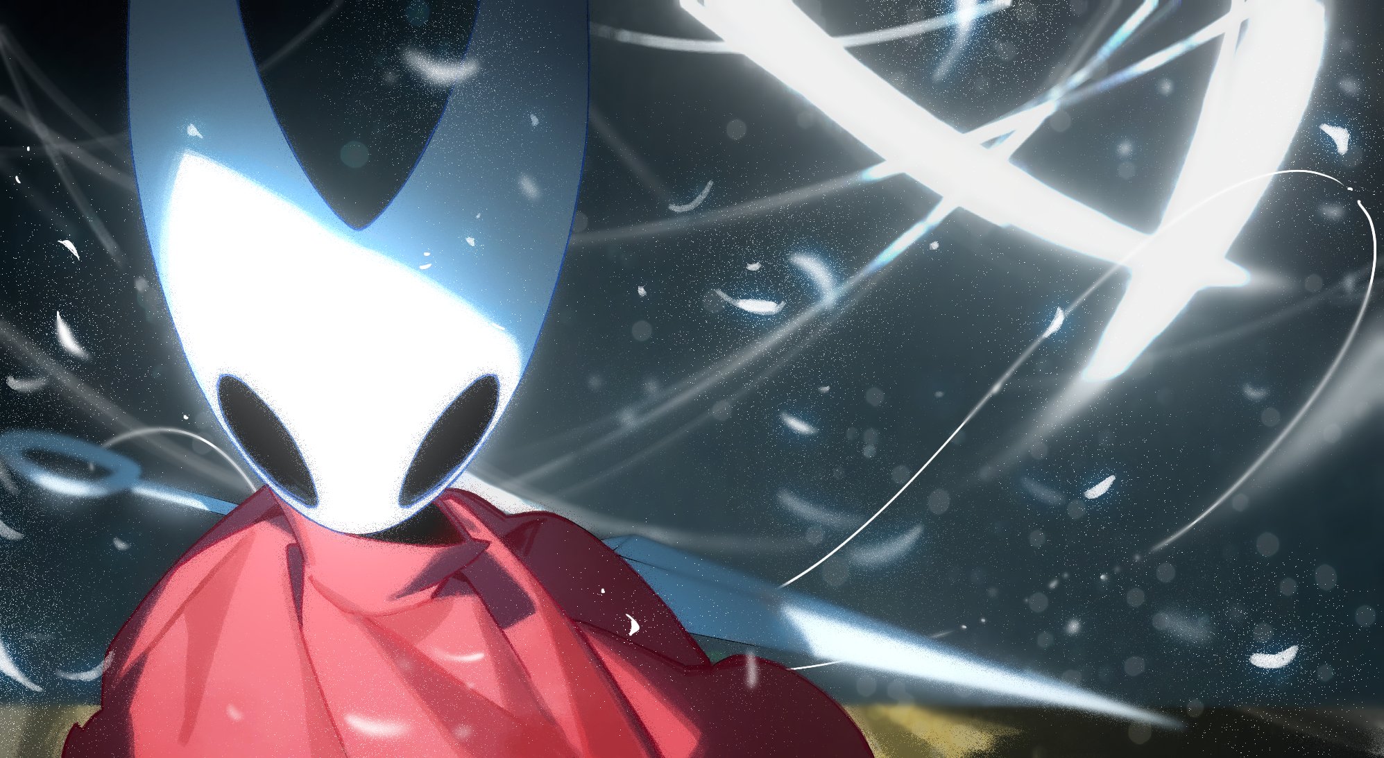 rdif hk, hornet (hollow knight), hollow knight, hollow knight: silksong, commentary, english commentary, highres, 1girl, arthropod girl, black eyes, black skin, blank eyes, bug, cloak, colored skin, glowing, hollow eyes, light particles, looking at viewer, needle, portrait, red cloak, solo, straight-on, thread, upper body, weapon, white skin