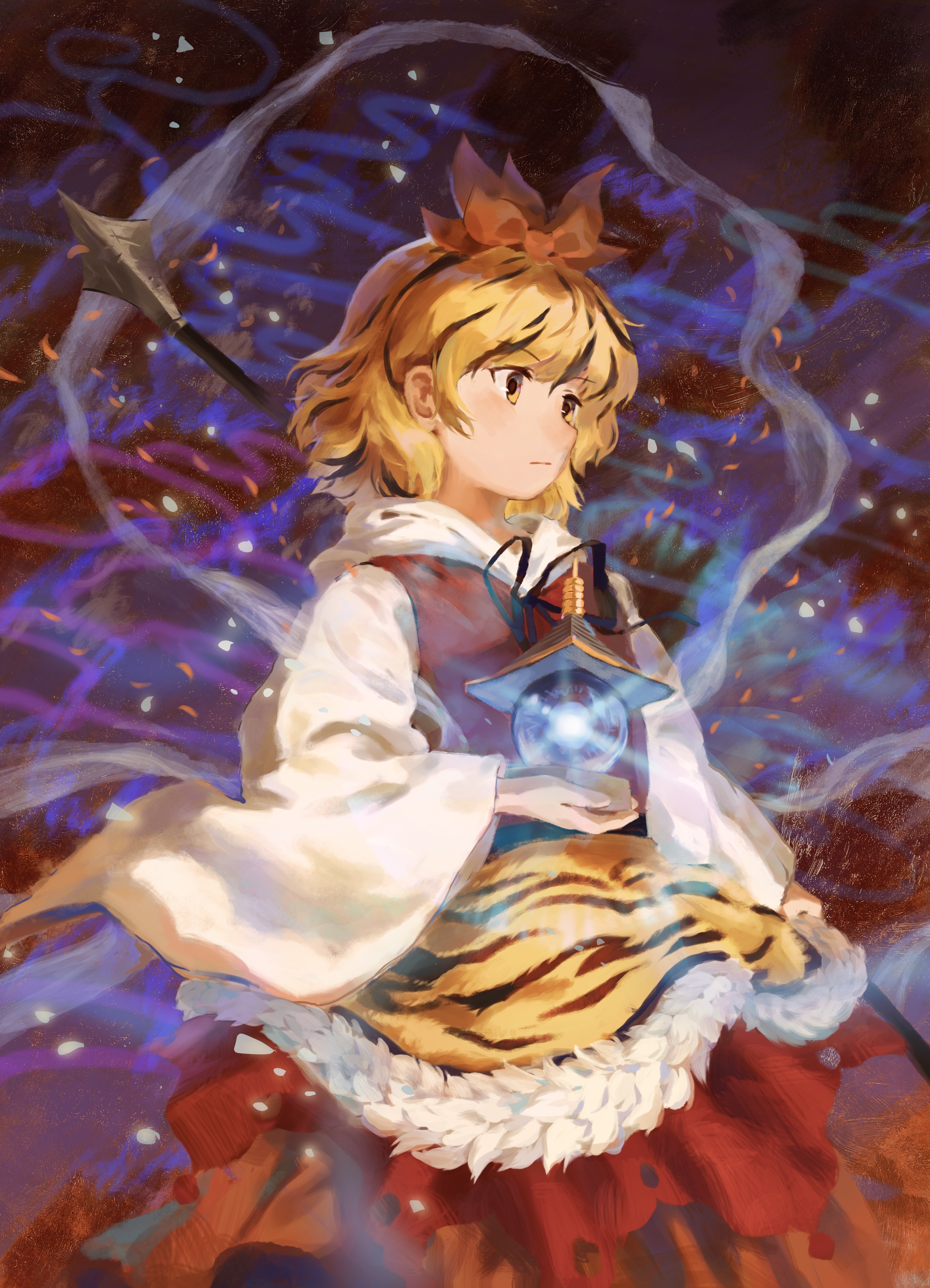 satellitedragon, toramaru shou, touhou, absurdres, chinese commentary, commentary request, highres, mixed-language commentary, 1girl, animal print, bishamonten's pagoda, bishamonten's spear, black hair, black ribbon, blonde hair, closed mouth, glowing, long sleeves, medium hair, multicolored hair, neck ribbon, ribbon, solo, streaked hair, tiger print, two-tone hair, weapon, weapon on back, wide sleeves, yellow eyes
