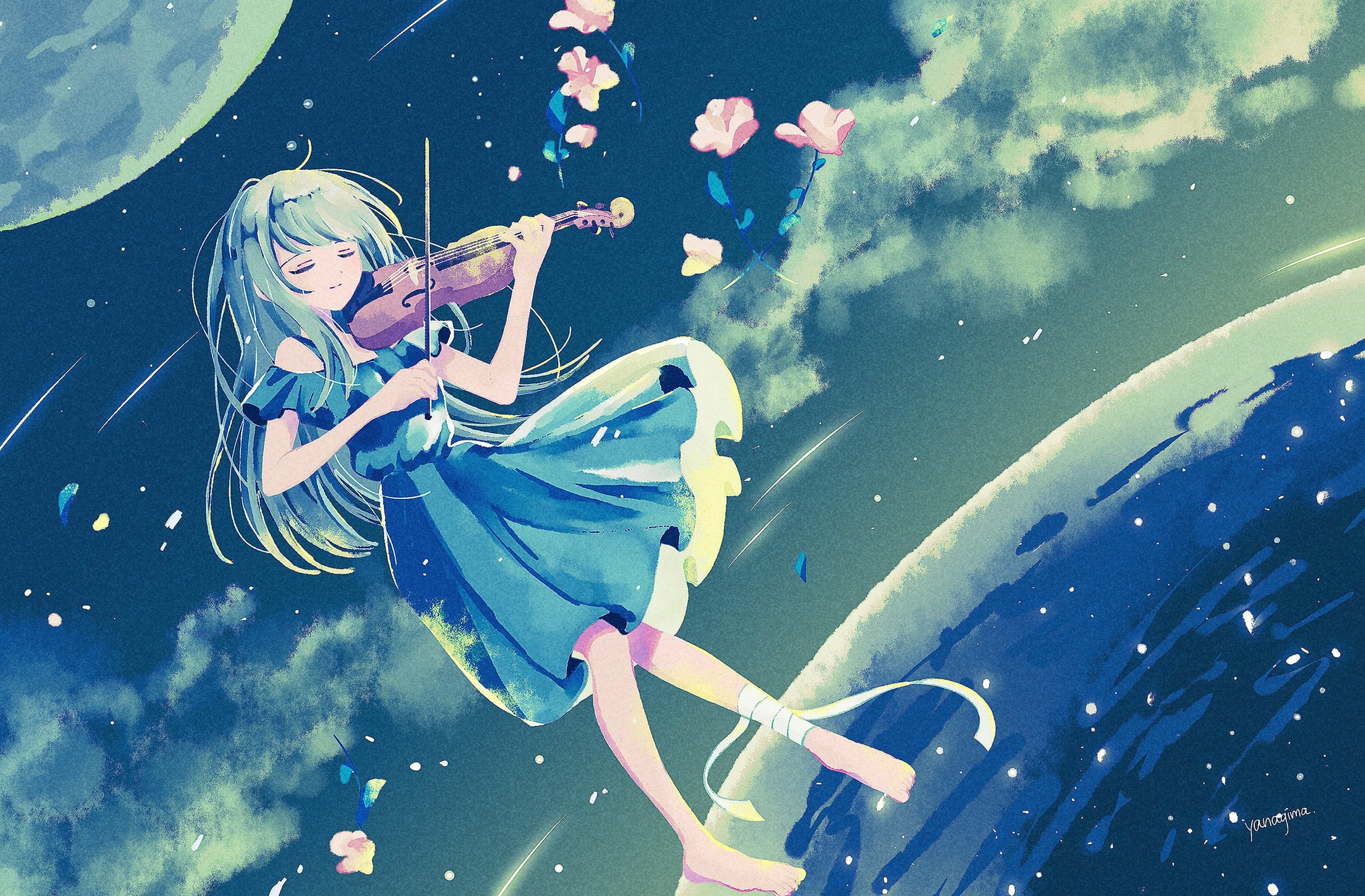 yanagima yu03, original, highres, 1girl, bandages, barefoot, bow (music), closed eyes, cloud, dress, flower, holding, holding instrument, holding violin, instrument, light smile, long hair, petals, shooting star, sparkle background, swept bangs, violin