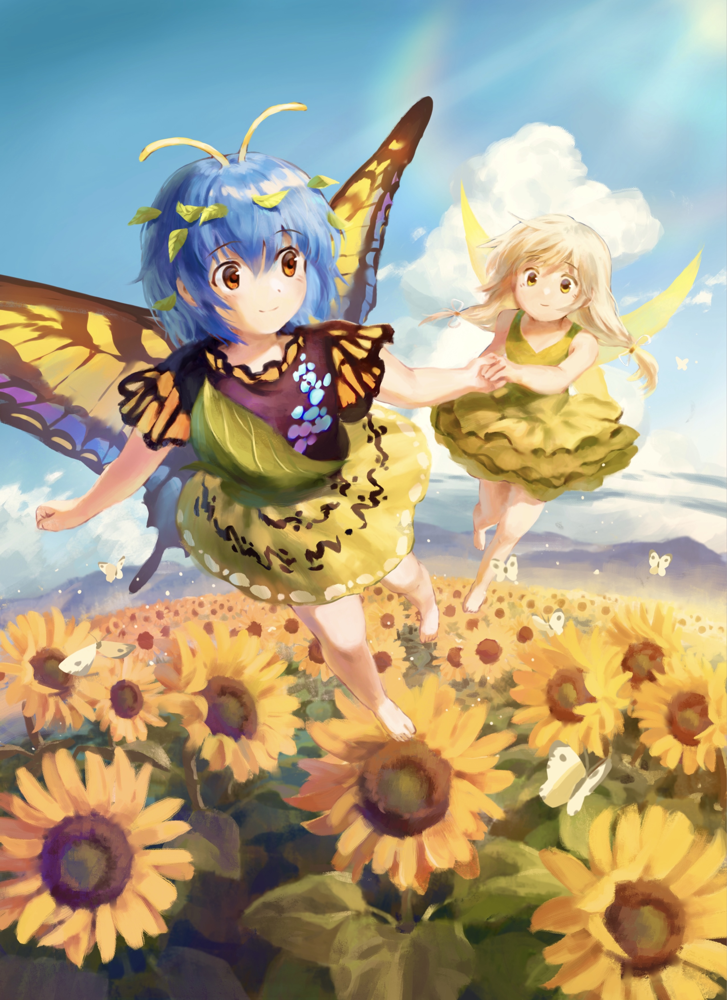 satellitedragon, eternity larva, touhou, absurdres, character request, chinese commentary, commentary request, highres, mixed-language commentary, 2girls, antennae, barefoot, blonde hair, blue hair, blue sky, bug, butterfly, butterfly wings, closed mouth, cloud, day, dress, fairy, fairy wings, field, flower, flower field, green dress, holding hands, insect, insect wings, leaf, leaf on head, medium hair, multicolored dress, multiple girls, sky, sleeveless, sleeveless dress, smile, sunflower, sunflower field, toes, wings, yellow eyes, yellow flower