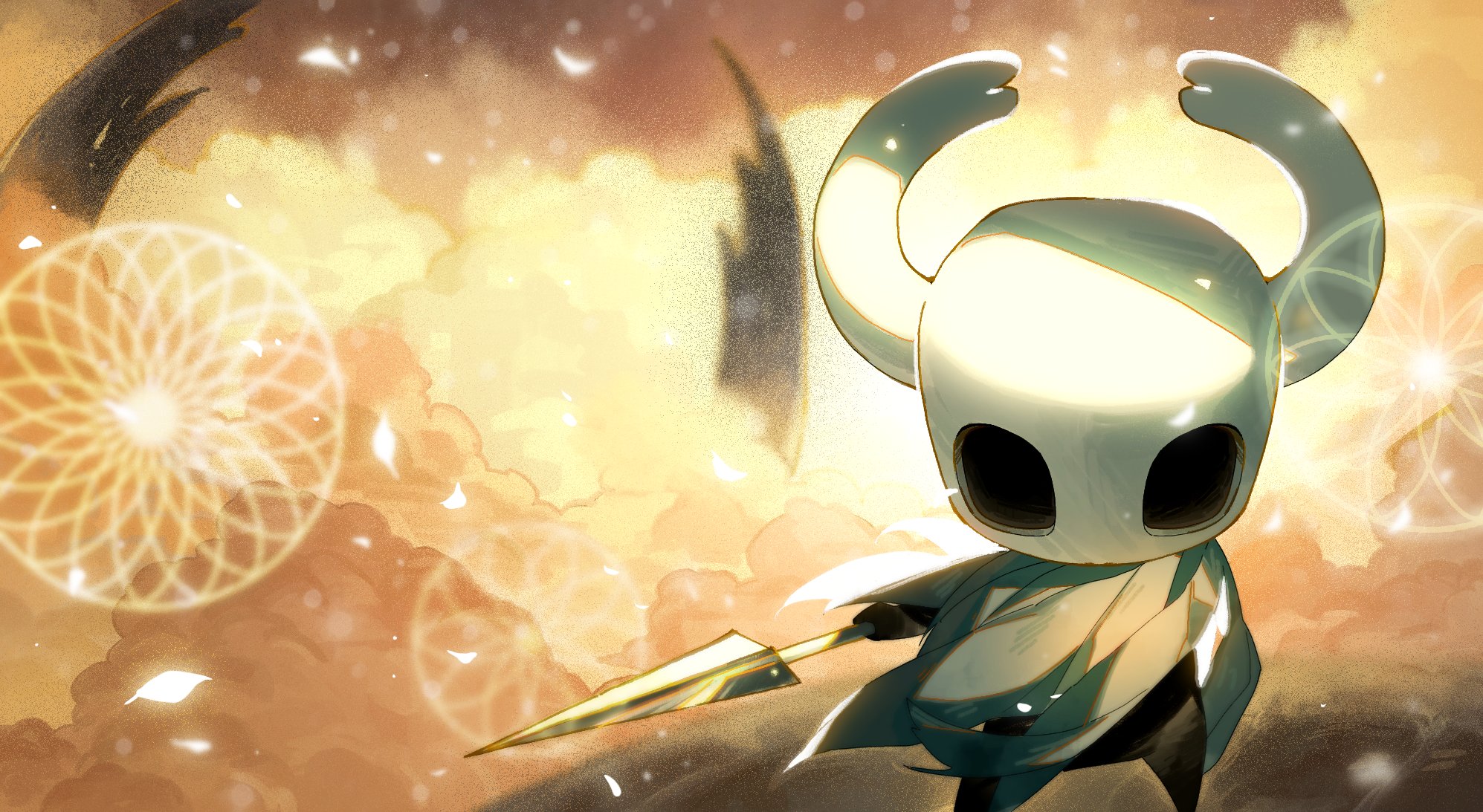 rdif hk, knight (hollow knight), hollow knight, commentary, english commentary, highres, 1other, black skin, cloud, colored skin, grey cloak, holding, holding weapon, hollow eyes, horns, light particles, nail (hollow knight), no humans, solo, standing, weapon, white mask