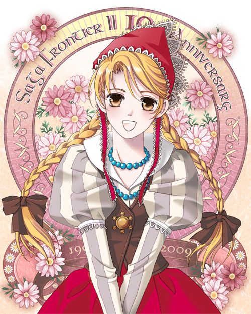 maronee san, nemuri, cordelia (saga), cordelia (saga frontier 2), saga, saga frontier 2, 1girl, :d, copyright name, open mouth, smile, v arms