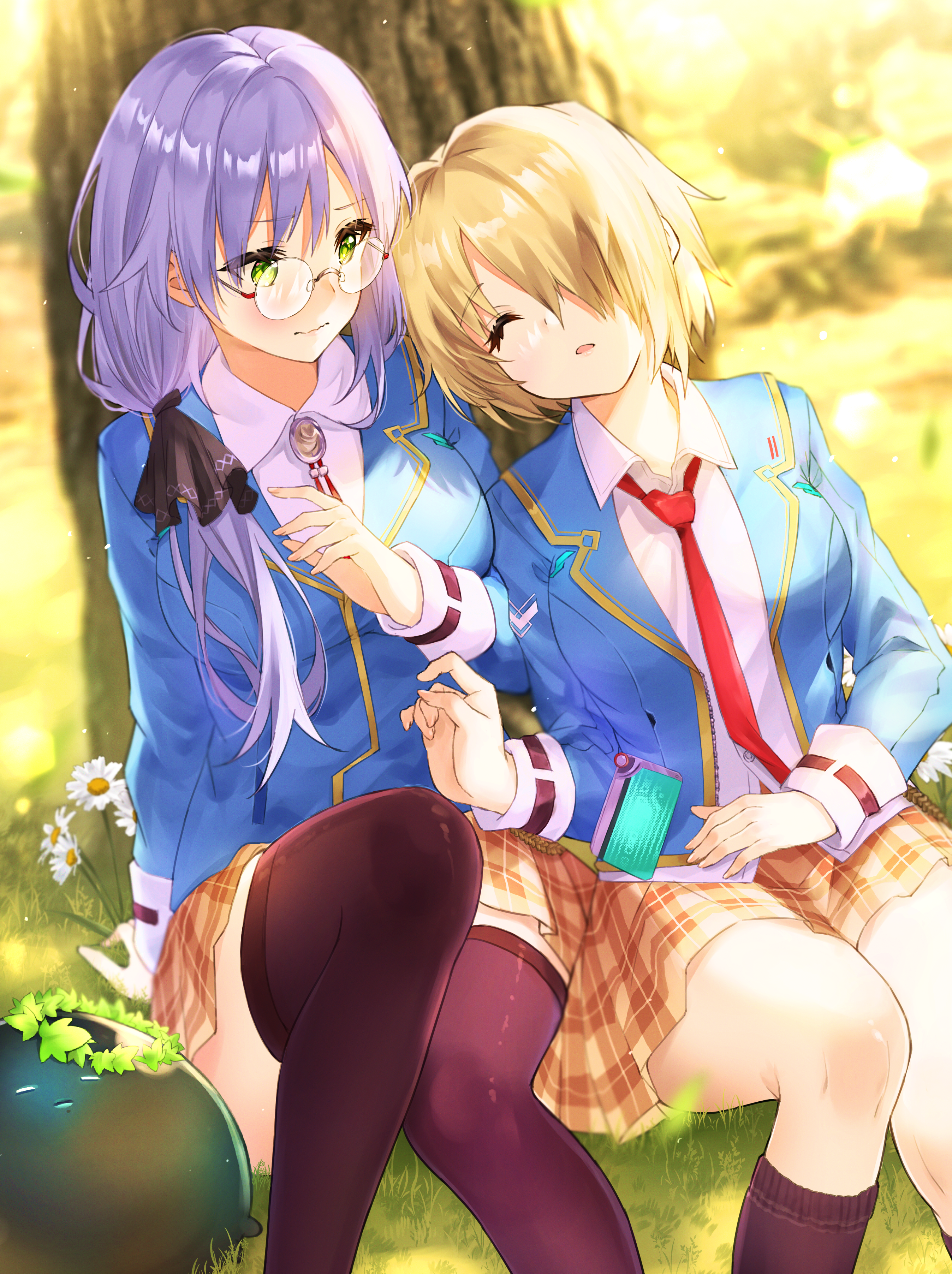 haru (re ilust), izumi yuki (heaven burns red), kayamori ruka, heaven burns red, absurdres, highres, 2girls, against tree, black ribbon, black socks, black thighhighs, blazer, blonde hair, blue jacket, blush, breasts, brown skirt, closed eyes, closed mouth, collared shirt, day, eyelashes, flower, glasses, grass, green eyes, hair over one eye, hair over shoulder, hair ribbon, hand on own stomach, jacket, kneehighs, long hair, long sleeves, looking at another, medium breasts, miniskirt, multiple girls, necktie, on grass, one eye covered, open clothes, open jacket, open mouth, orange skirt, outdoors, parted lips, plaid clothes, plaid skirt, pleated skirt, purple hair, red necktie, ribbon, round eyewear, school uniform, shirt, short hair, side-by-side, sitting, skirt, sleeping, socks, sunlight, thighhighs, tree, white flower, white shirt, yellow skirt, yuri, zettai ryouiki