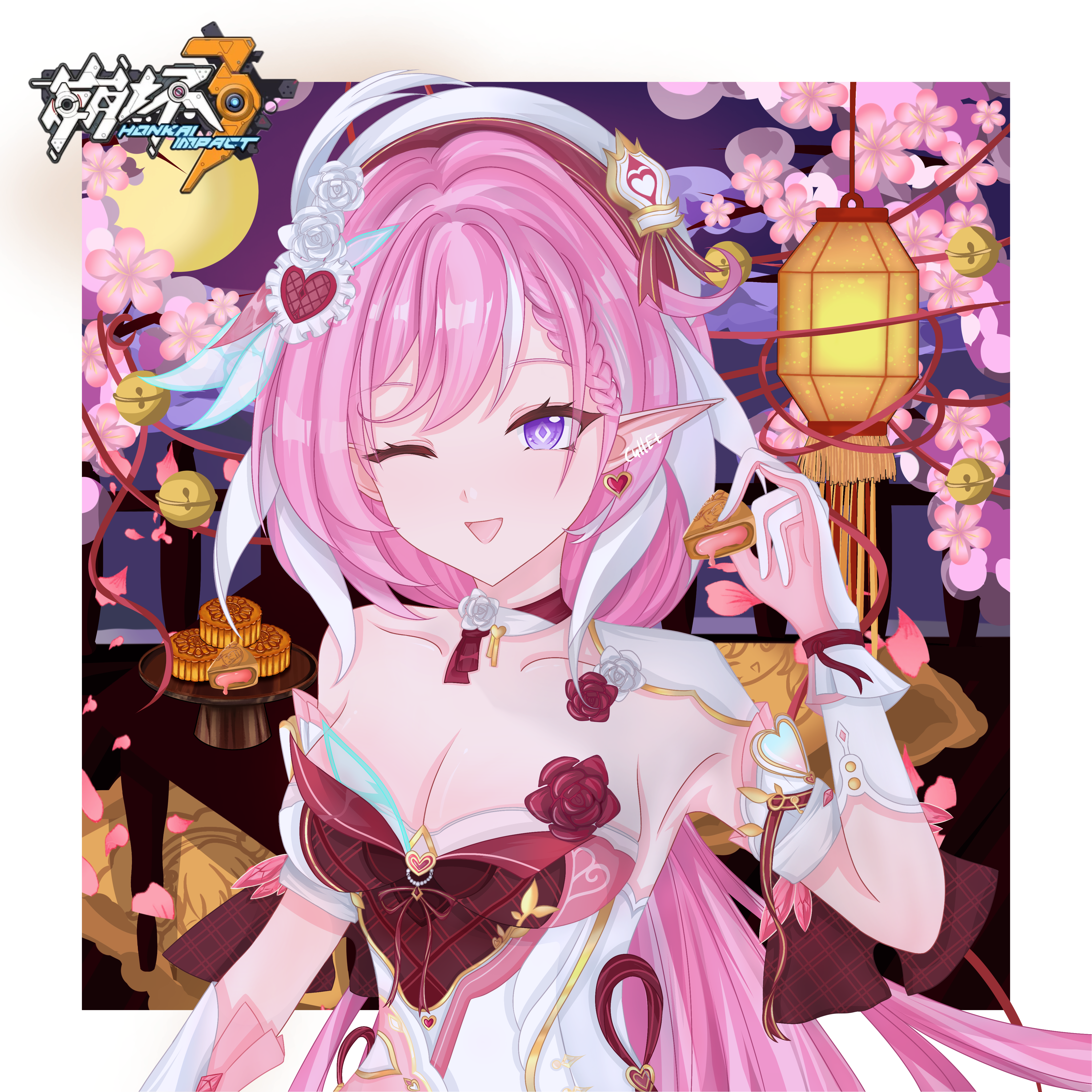 elysia (hi love elf) (honkai impact), elysia (honkai impact), honkai (series), honkai impact 3rd, absurdres, chinese commentary, commentary request, highres, 1girl, ;o, breasts, cherry blossoms, cleavage, copyright logo, diamond-shaped pupils, diamond (shape), dress, earrings, elf, food, hanging lantern, heart, heart earrings, jewelry, large breasts, logo, long hair, mofa yaojing xiaojie, multicolored hair, one eye closed, pink hair, pointy ears, purple eyes, red dress, smile, solo, symbol-shaped pupils, table, two-tone dress, two-tone hair, very long hair, white dress, white hair