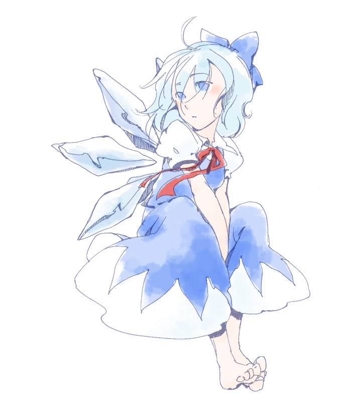 shou shishi, cirno, embodiment of scarlet devil, touhou, bad id, bad pixiv id, 1girl, barefoot, dress, feet, female focus, full body, messy hair, pinafore dress, simple background, sleeveless, sleeveless dress, solo, white background